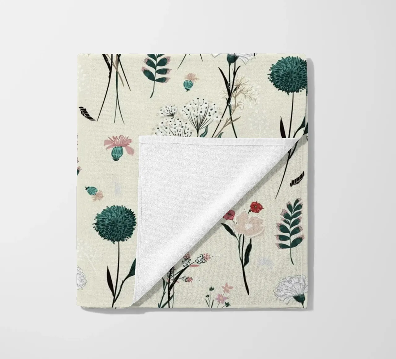 Delicate pattern of flowers and plants on a soft background beach towel by The joy of home