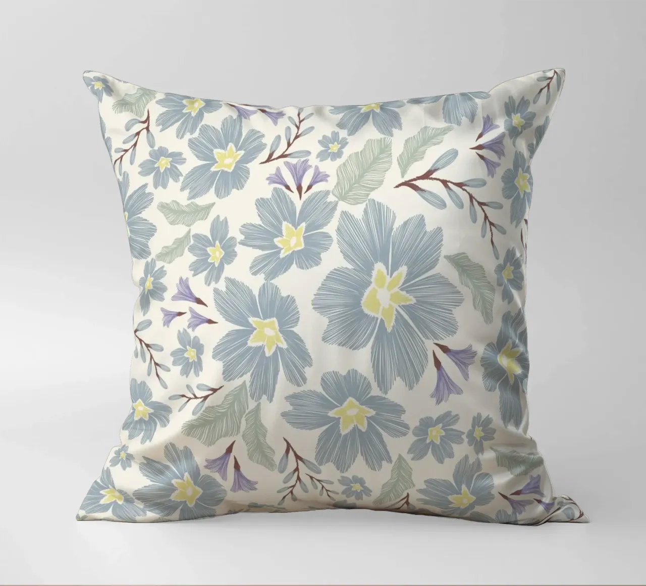 Delicate pattern of flowers and plants on a soft background decorative cushion by The joy of home