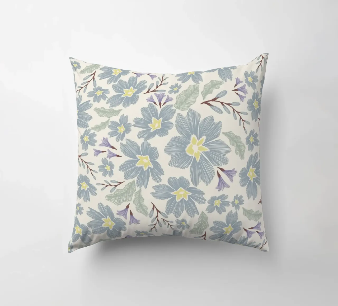 Delicate pattern of flowers and plants on a soft background decorative cushion by The joy of home