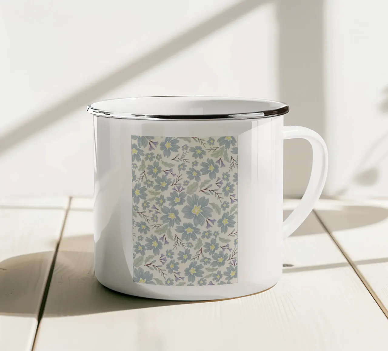 Delicate pattern of flowers and plants on a soft background enamel mug by The joy of home