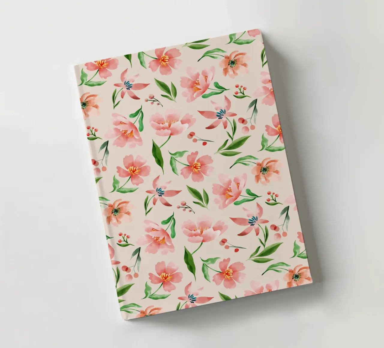 Delicate pattern of flowers and plants on a salmon backgroun notebook by The joy of home