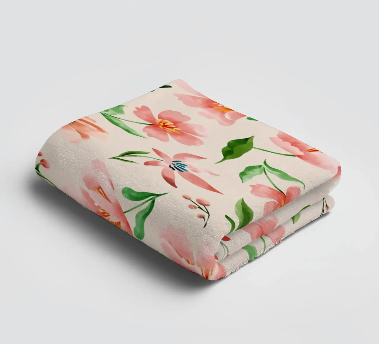 Delicate pattern of flowers and plants on a salmon backgroun towel by The joy of home