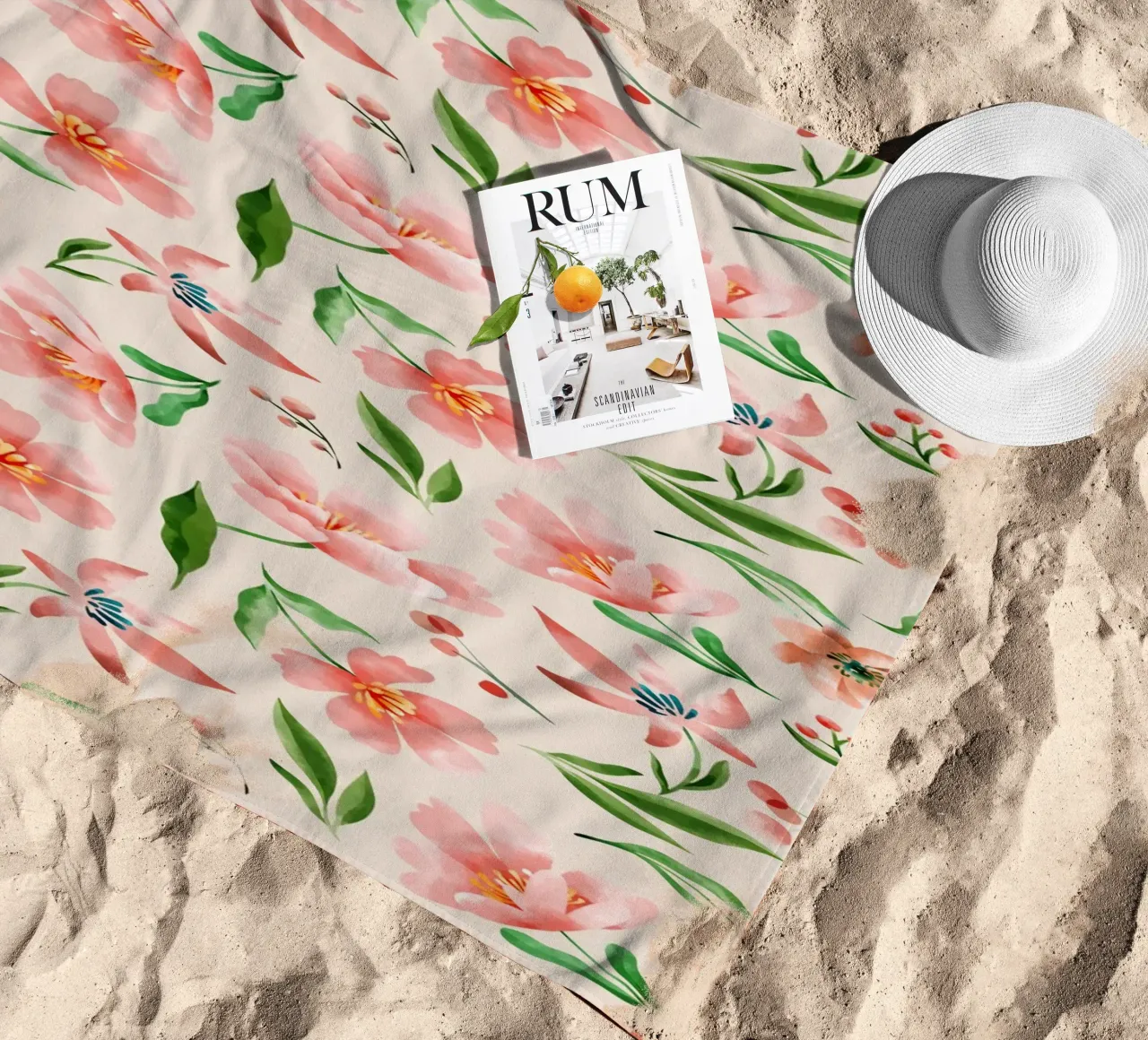 Delicate pattern of flowers and plants on a salmon backgroun beach towel by The joy of home