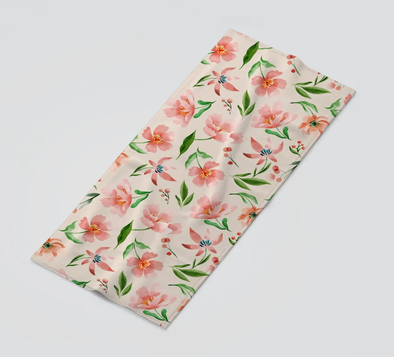 Delicate pattern of flowers and plants on a salmon backgroun beach towel by The joy of home