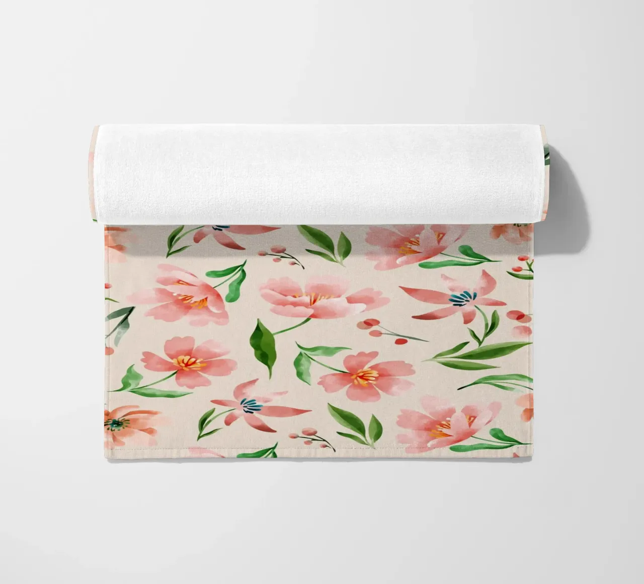 Delicate pattern of flowers and plants on a salmon backgroun beach towel by The joy of home