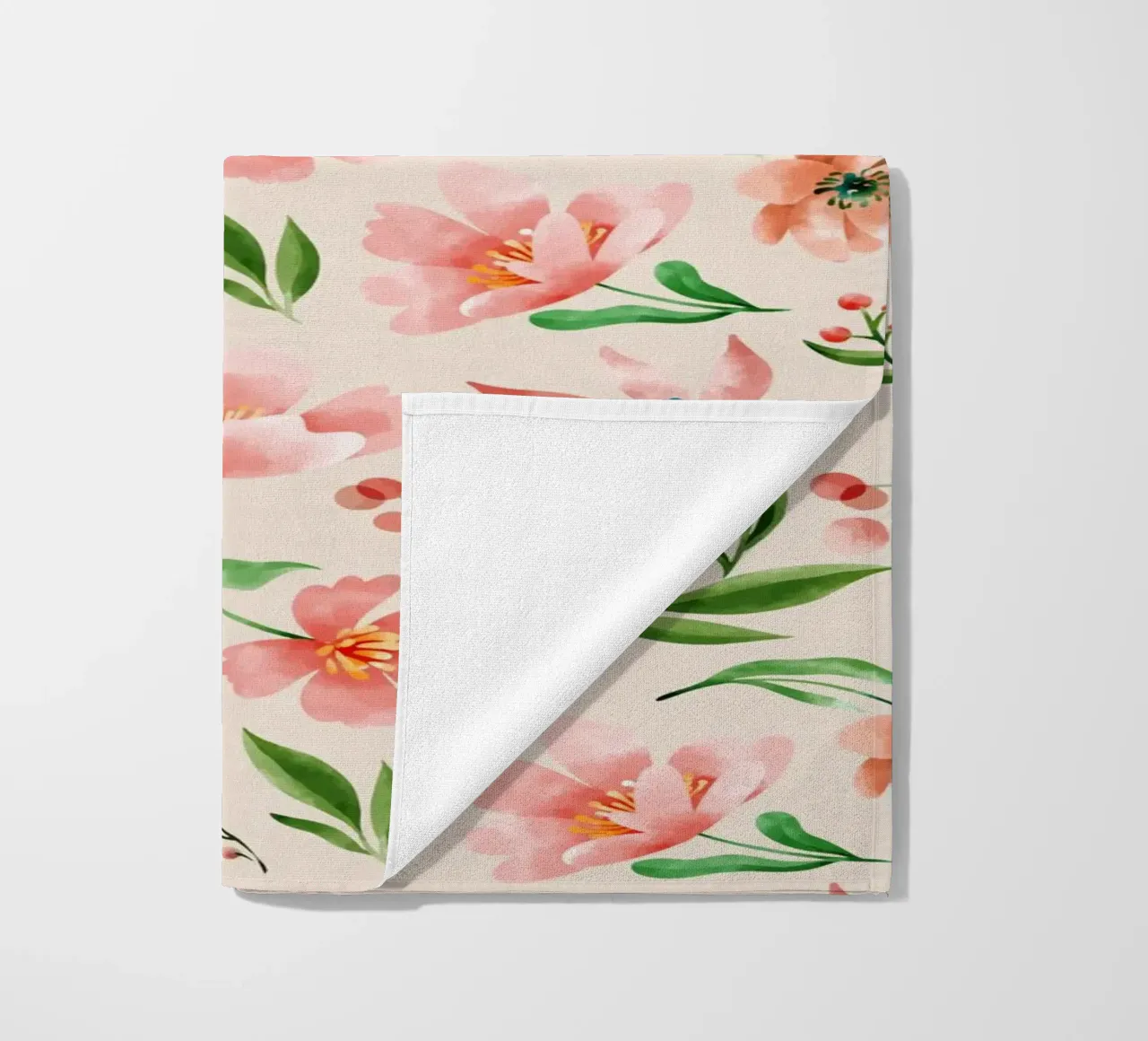 Delicate pattern of flowers and plants on a salmon backgroun beach towel by The joy of home