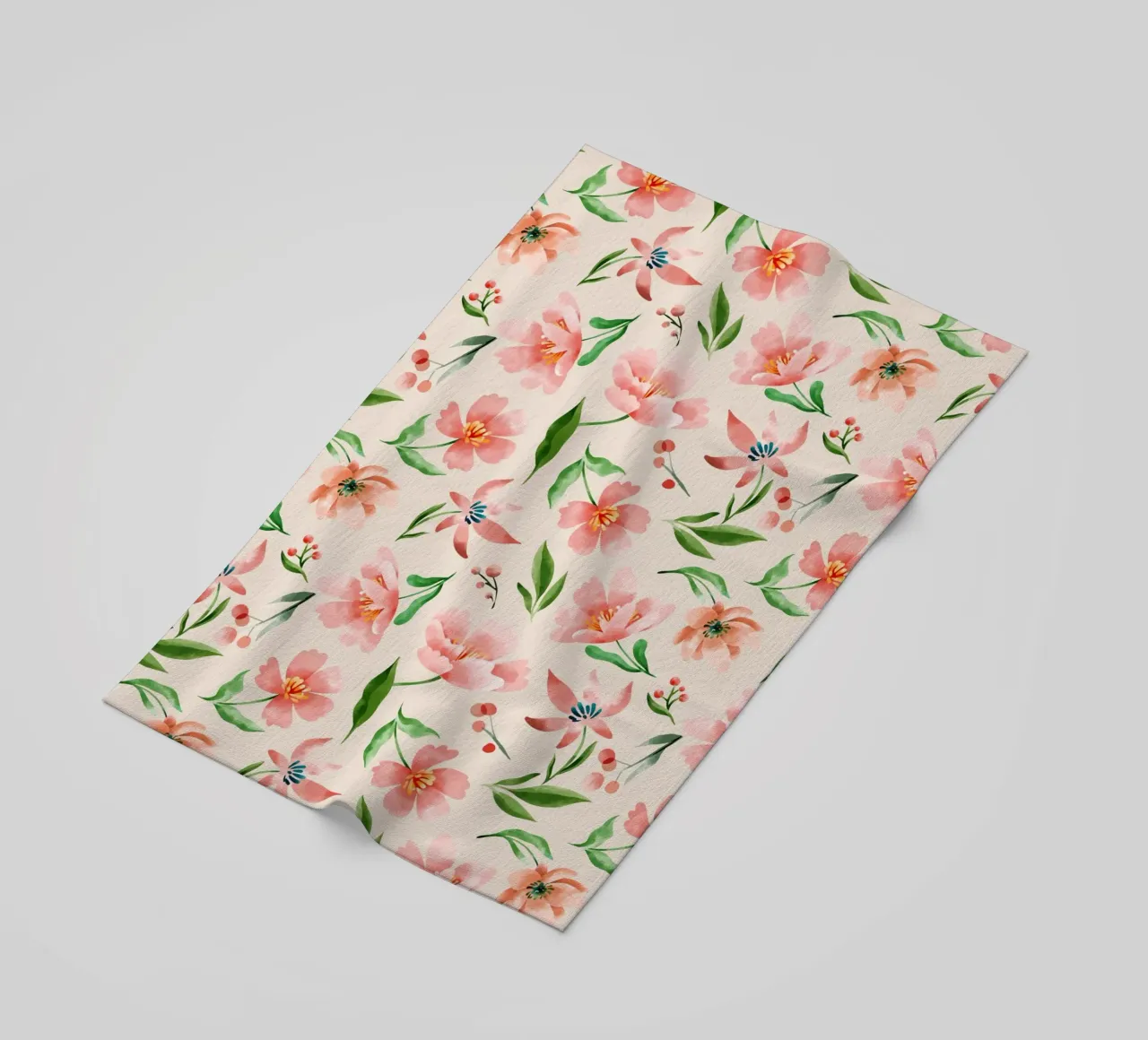 Delicate pattern of flowers and plants on a salmon backgroun beach towel by The joy of home