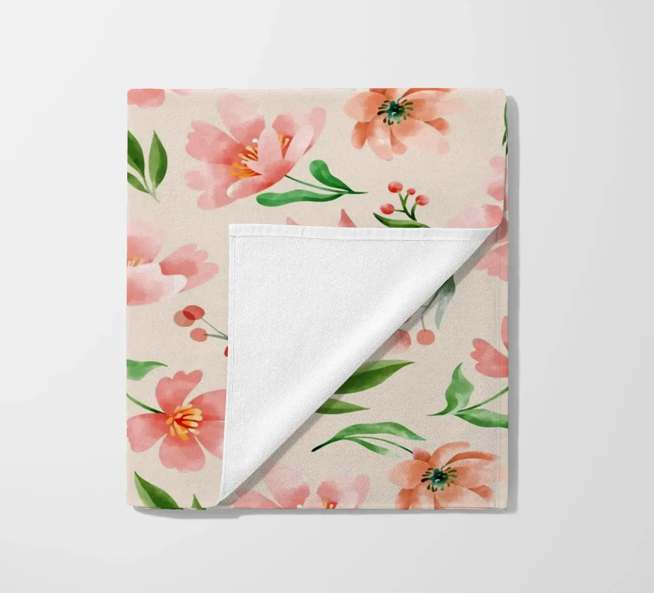 Delicate pattern of flowers and plants on a salmon backgroun beach towel by The joy of home