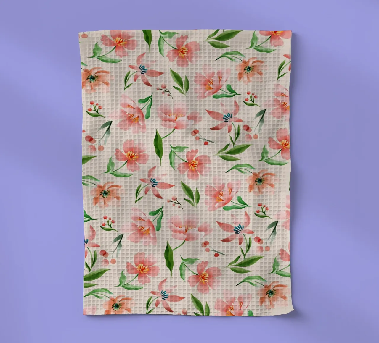 Delicate pattern of flowers and plants on a salmon backgroun tea towel by The joy of home
