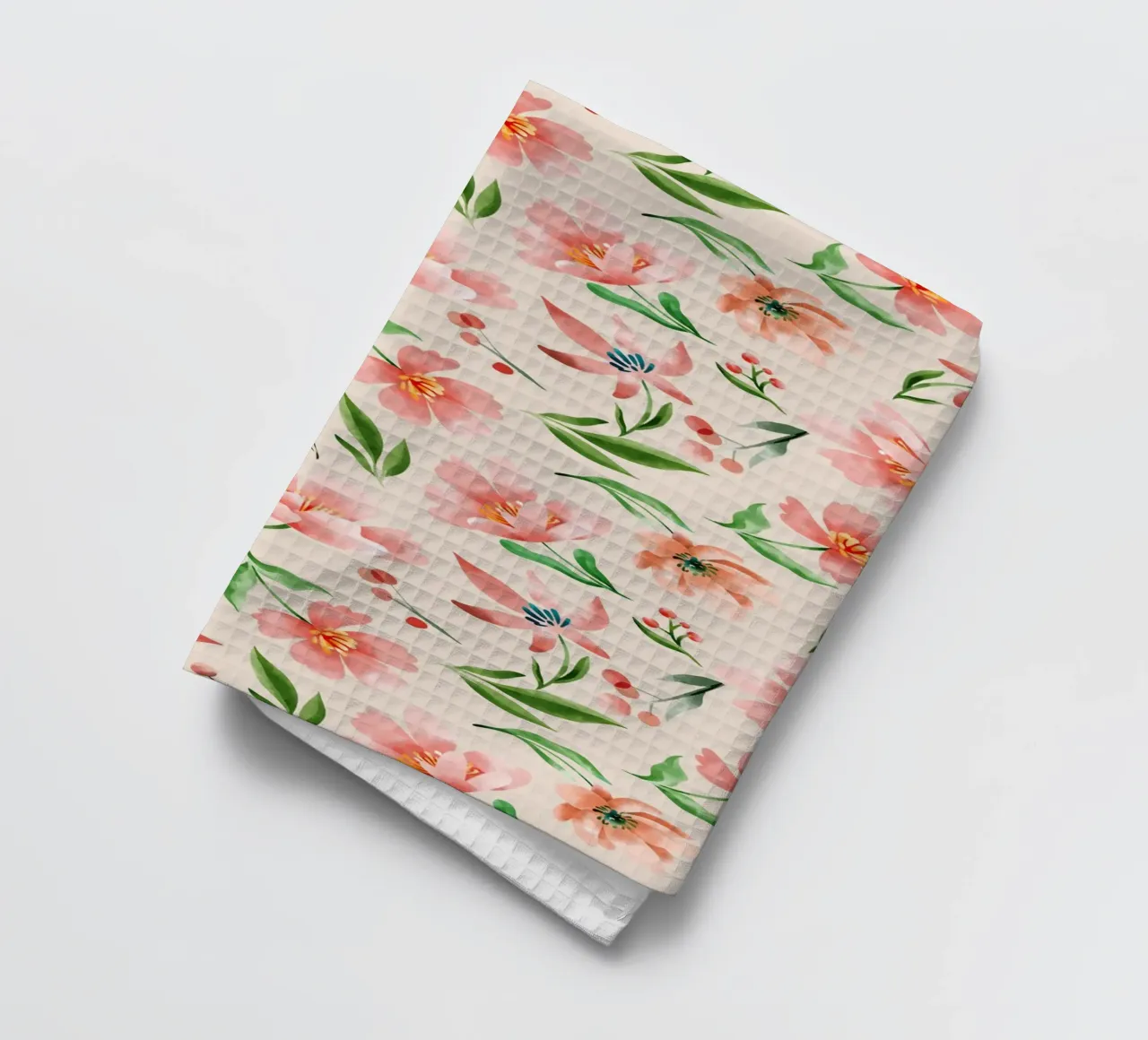 Delicate pattern of flowers and plants on a salmon backgroun tea towel by The joy of home