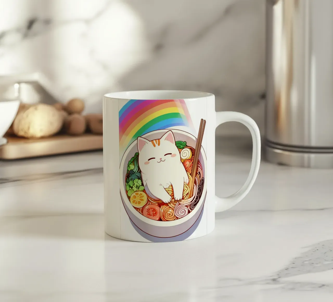 Rainbow Noodles with a Cozy Cat tazza in ceramica da NEKKI