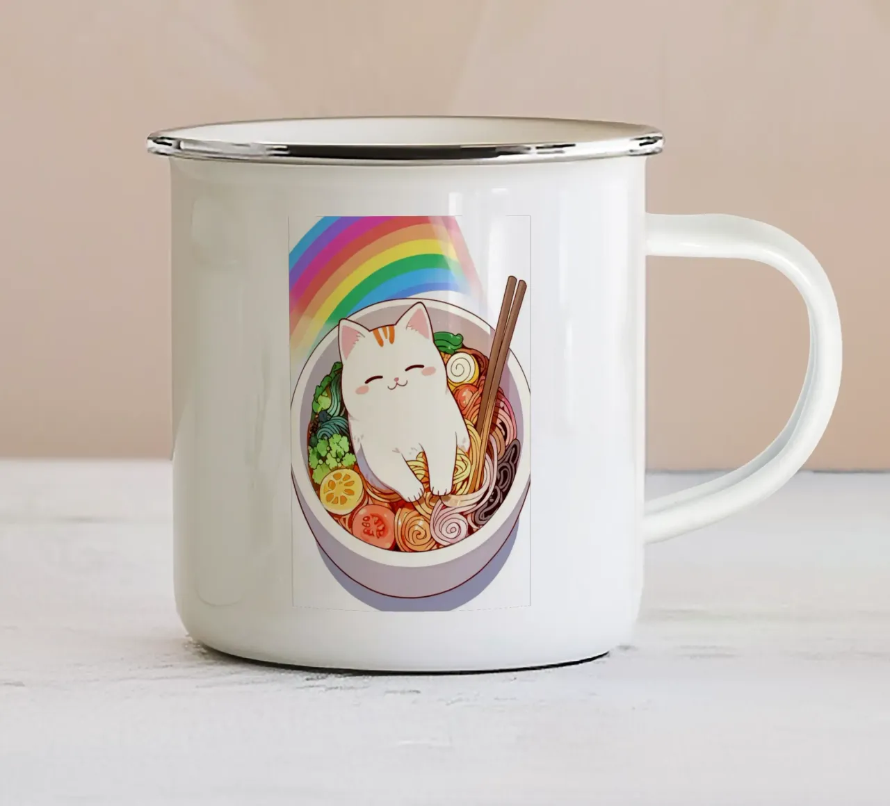 Rainbow Noodles with a Cozy Cat tazza in smalto da NEKKI