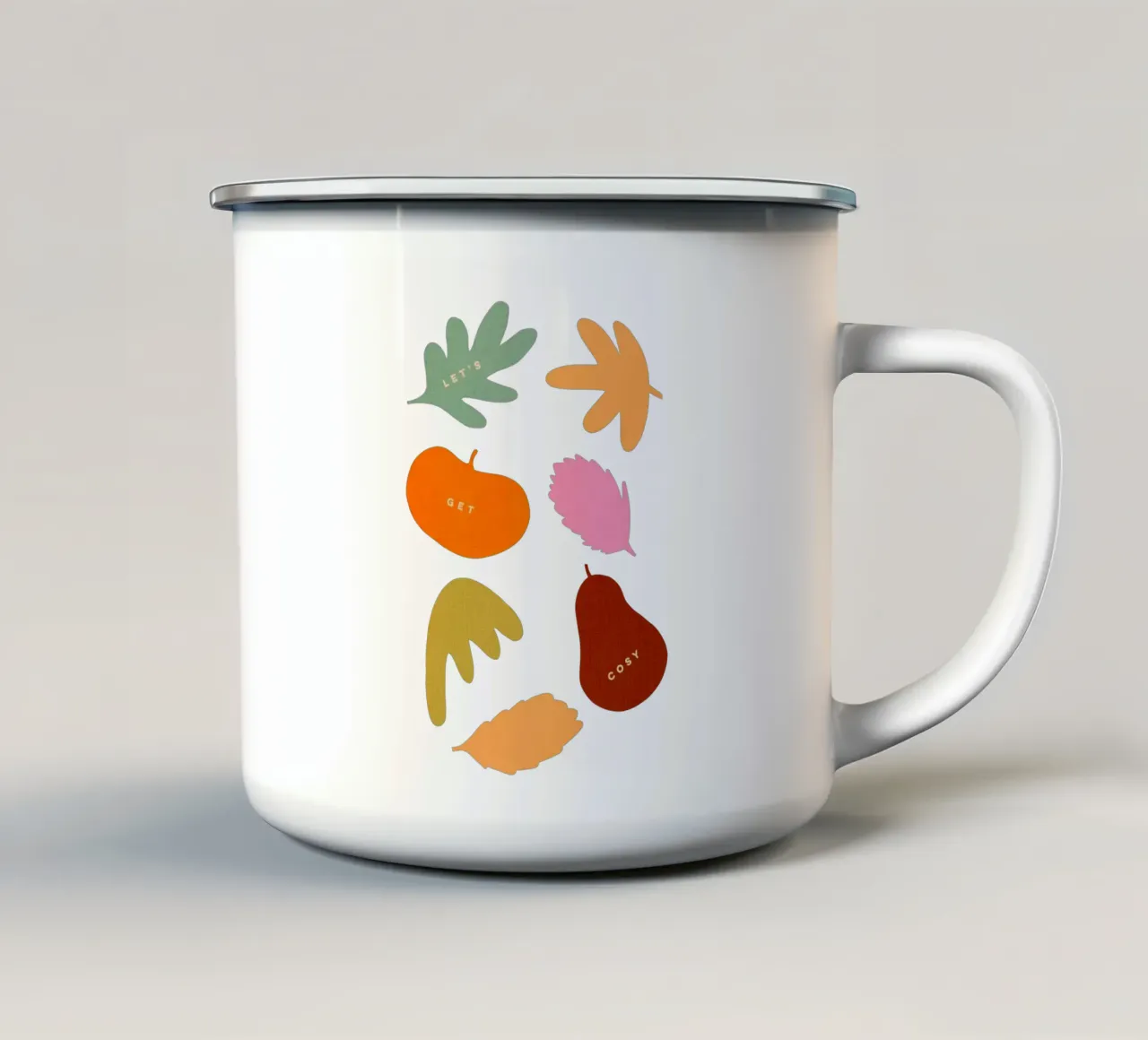 Machen wir es uns gemütlich - Herbstliche Retro-Blätter & Ernte-Icons Emaille Tasse von Dominique Vari