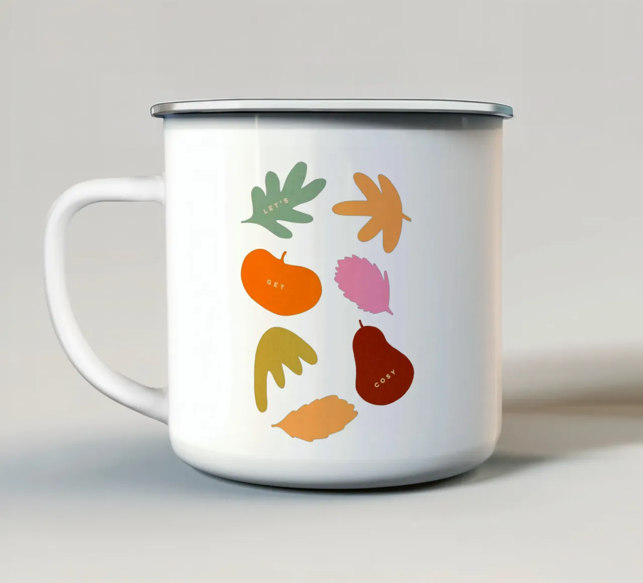 Machen wir es uns gemütlich - Herbstliche Retro-Blätter & Ernte-Icons Emaille Tasse von Dominique Vari