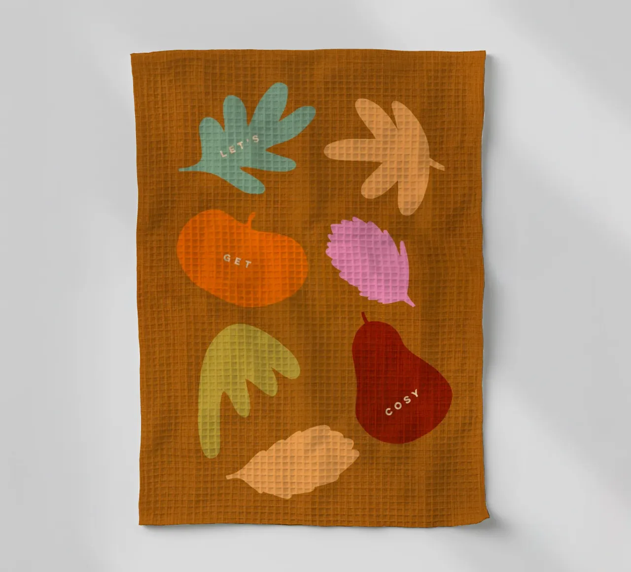 Machen wir es uns gemütlich - Herbstliche Retro-Blätter & Ernte-Icons Geschirrtuch von Dominique Vari
