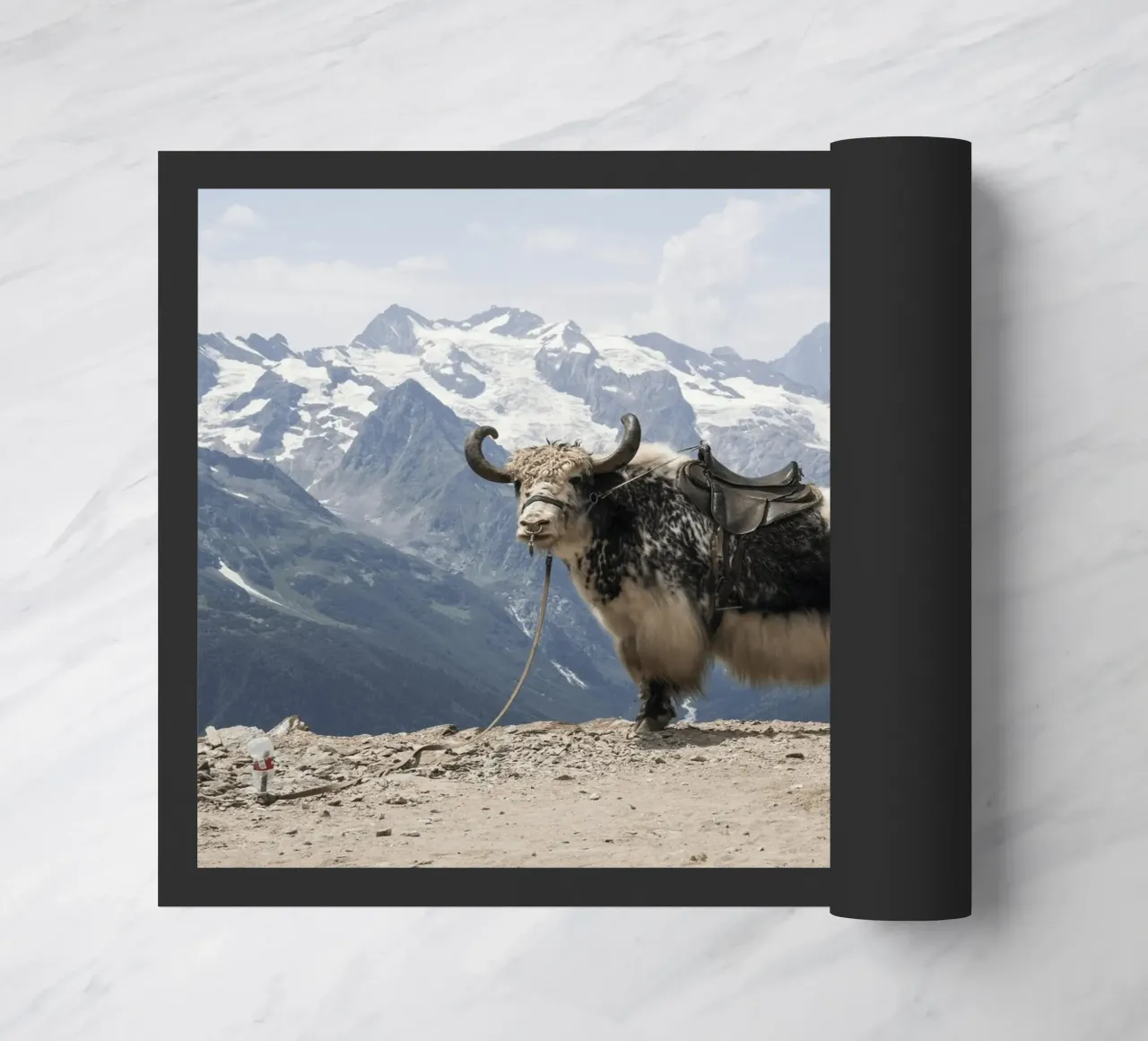 Yak Standing on a Snowy Mountain Backdrop doormat by The Herringstore