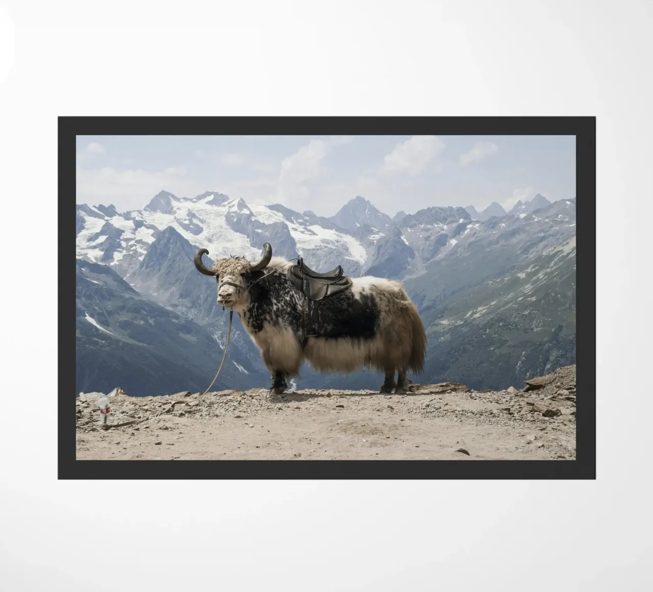 Yak Standing on a Snowy Mountain Backdrop doormat by The Herringstore