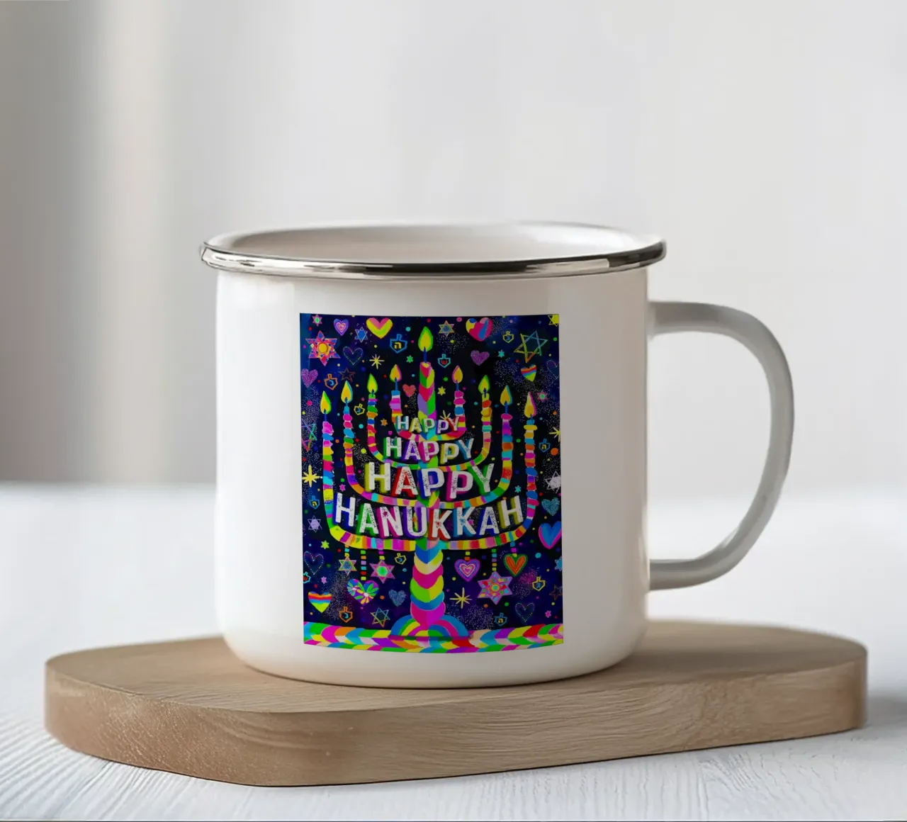 Buon Hanukkah tazza in smalto da Jess Stempel