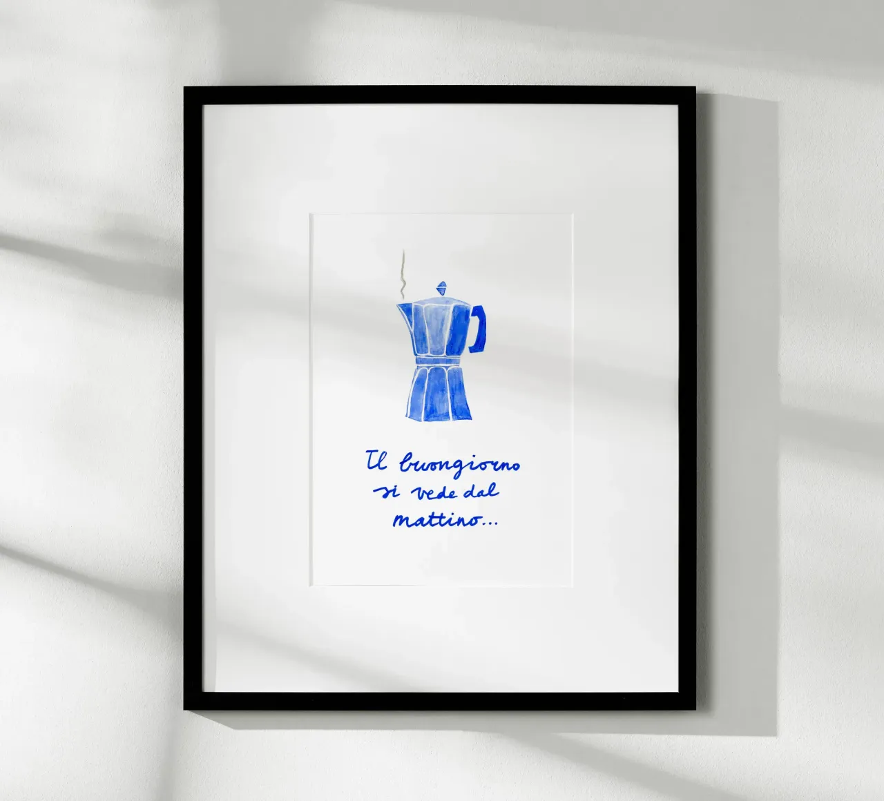 Blu navy Moka Pot Italia citazione goodmorning poster da Studio Patruschka