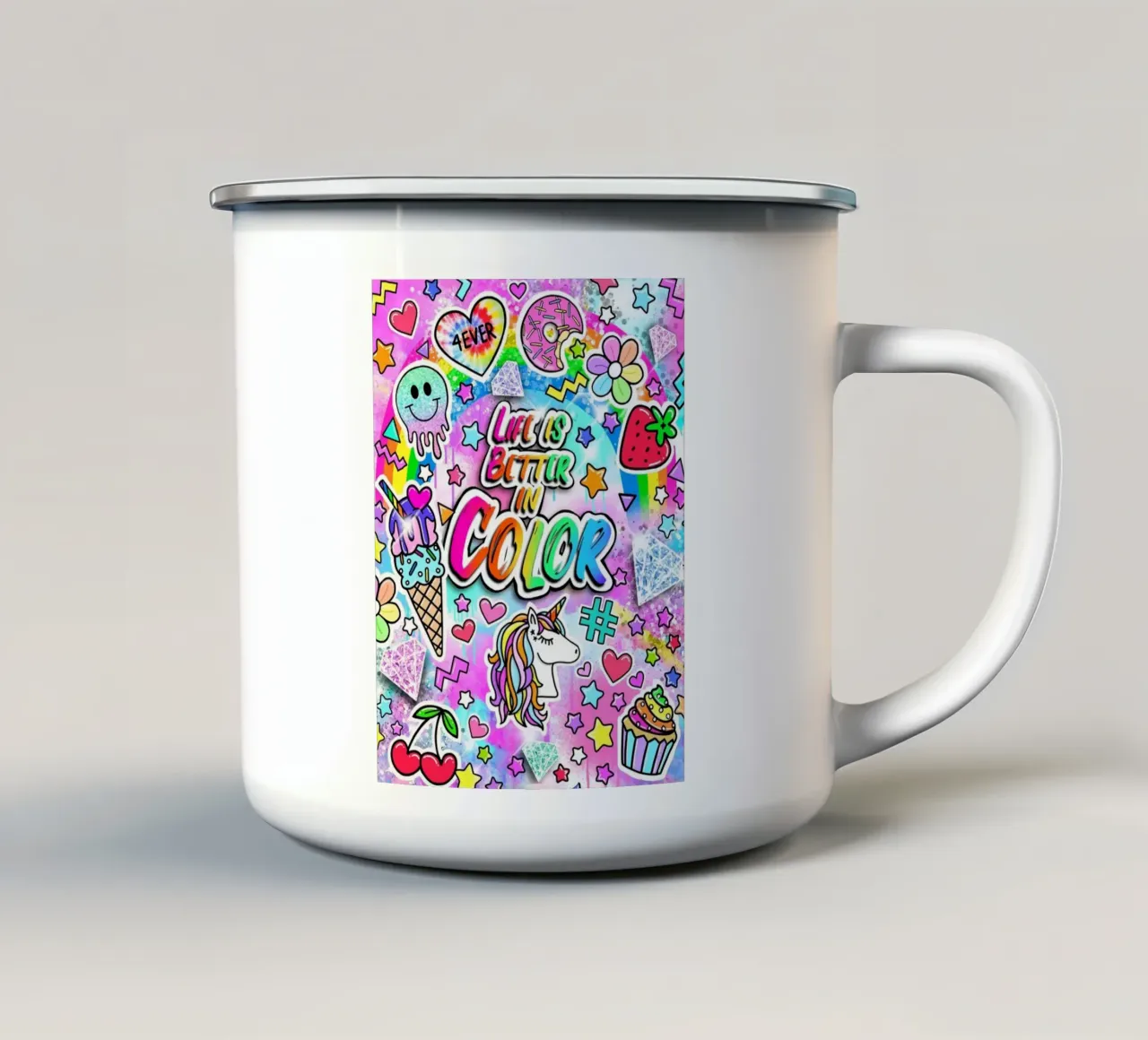 La vita è migliore a colori tazza in smalto da Jess Stempel