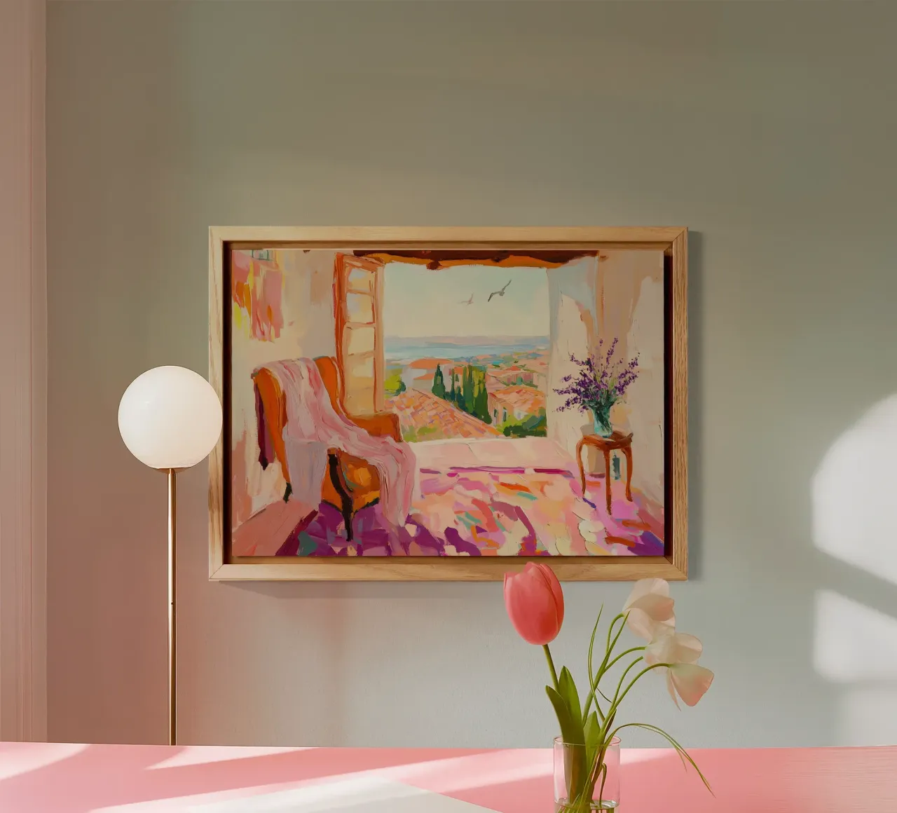 Impasto solare: camera color pesca e viola con vista sulla costa pannello forex da dawnthesea