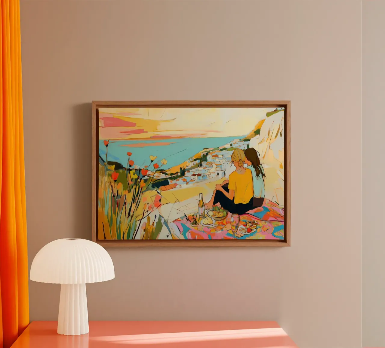 Zonsondergang Picknick Idylle: Boheems Kustgezicht Abstracte Kunst canvas van dawnthesea