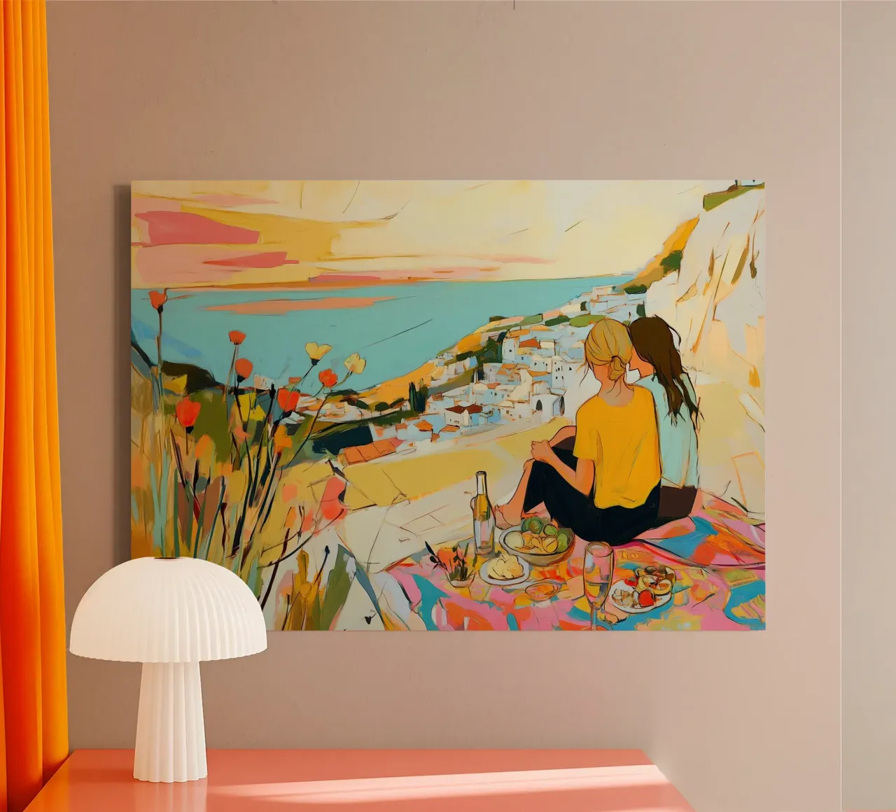 Zonsondergang Picknick Idylle: Boheems Kustgezicht Abstracte Kunst canvas van dawnthesea