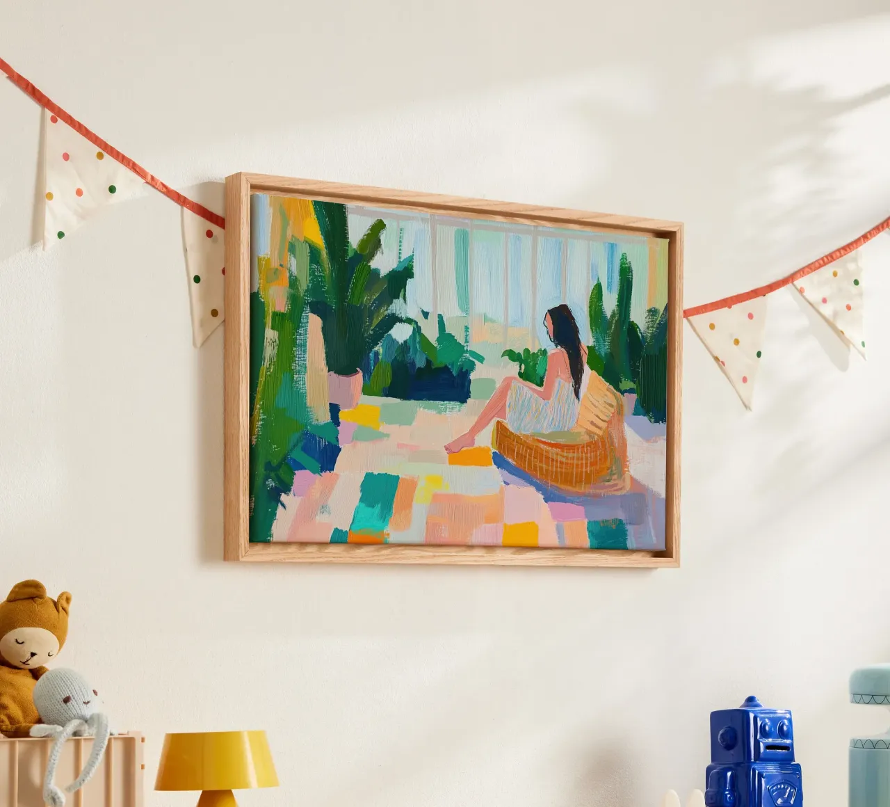 Jungalow Abstract: Vrouw in serre & Pop Color Vloer canvas van dawnthesea