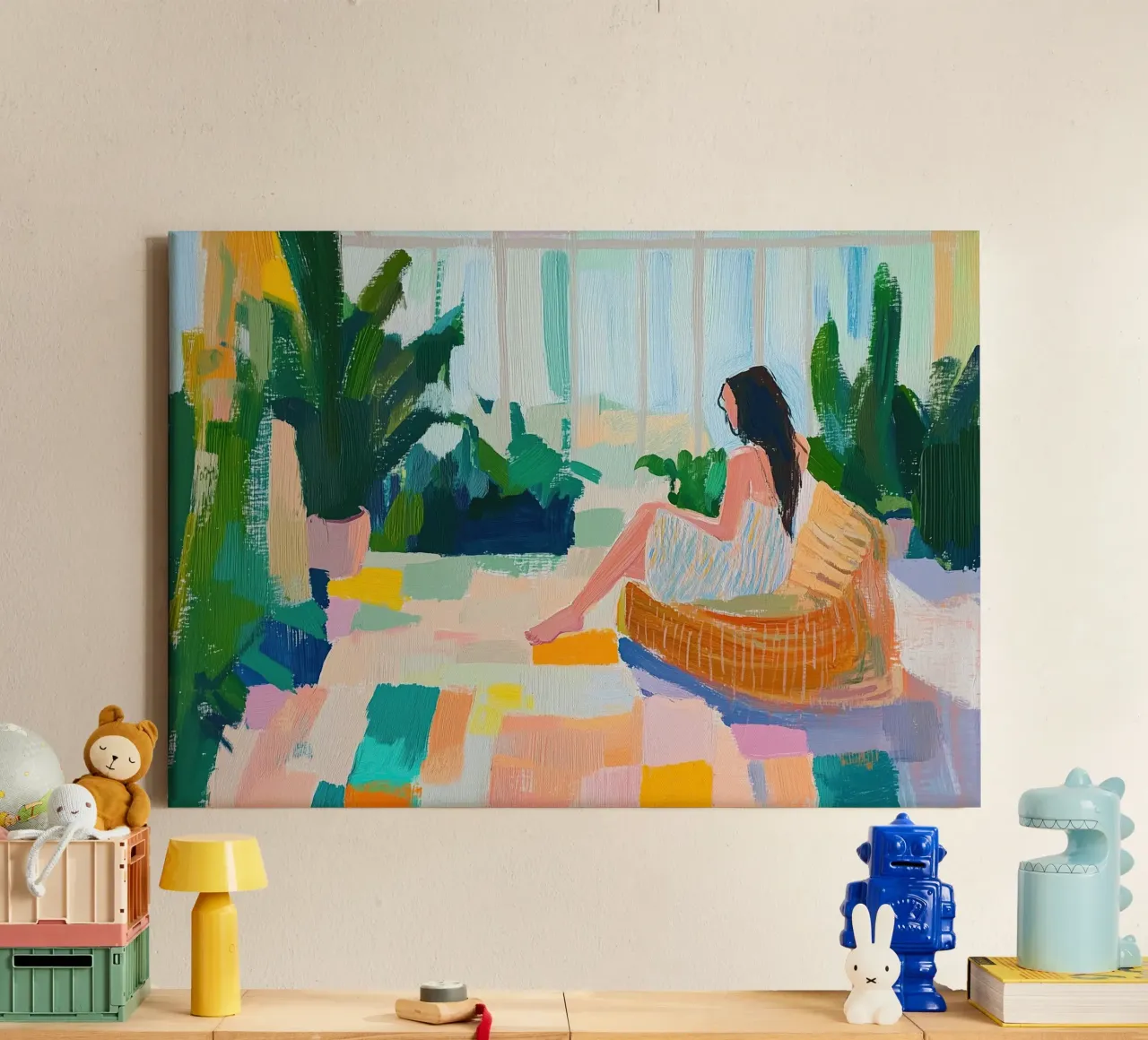 Jungalow Abstract: Vrouw in serre & Pop Color Vloer canvas van dawnthesea