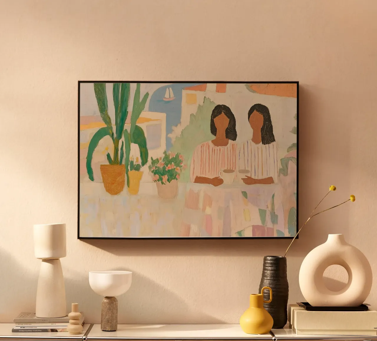 Conversation côtière : Boho minimaliste Deux femmes et un cactus alu dibond de dawnthesea