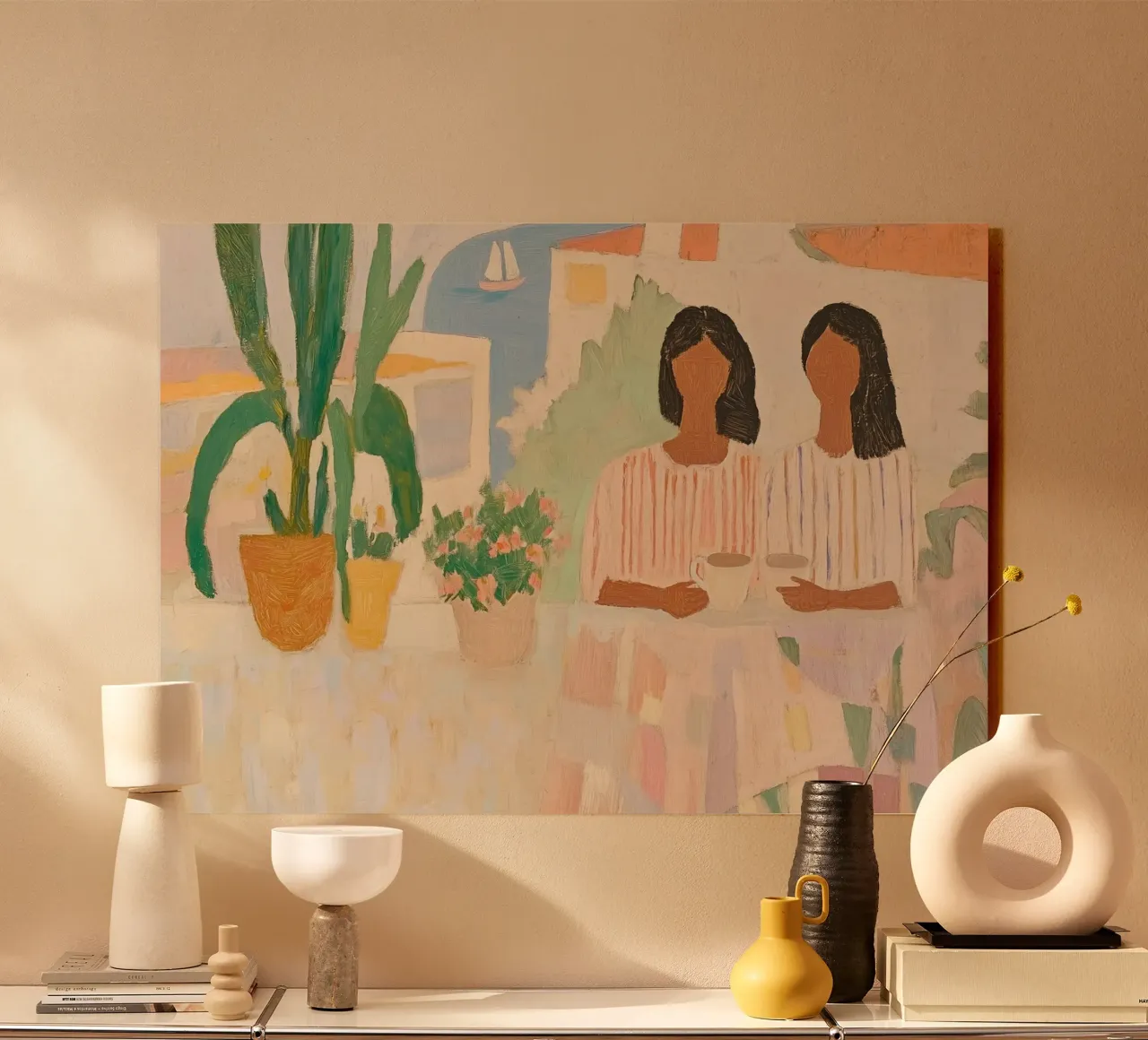 Conversation côtière : Boho minimaliste Deux femmes et un cactus alu dibond de dawnthesea