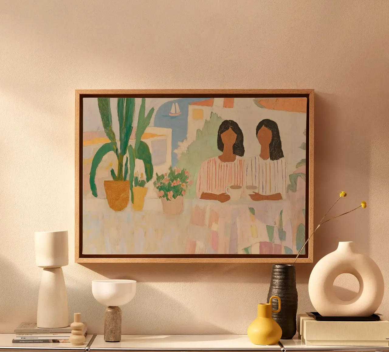 Conversazione costiera: Boho minimalista Due donne e un cactus tela da dawnthesea