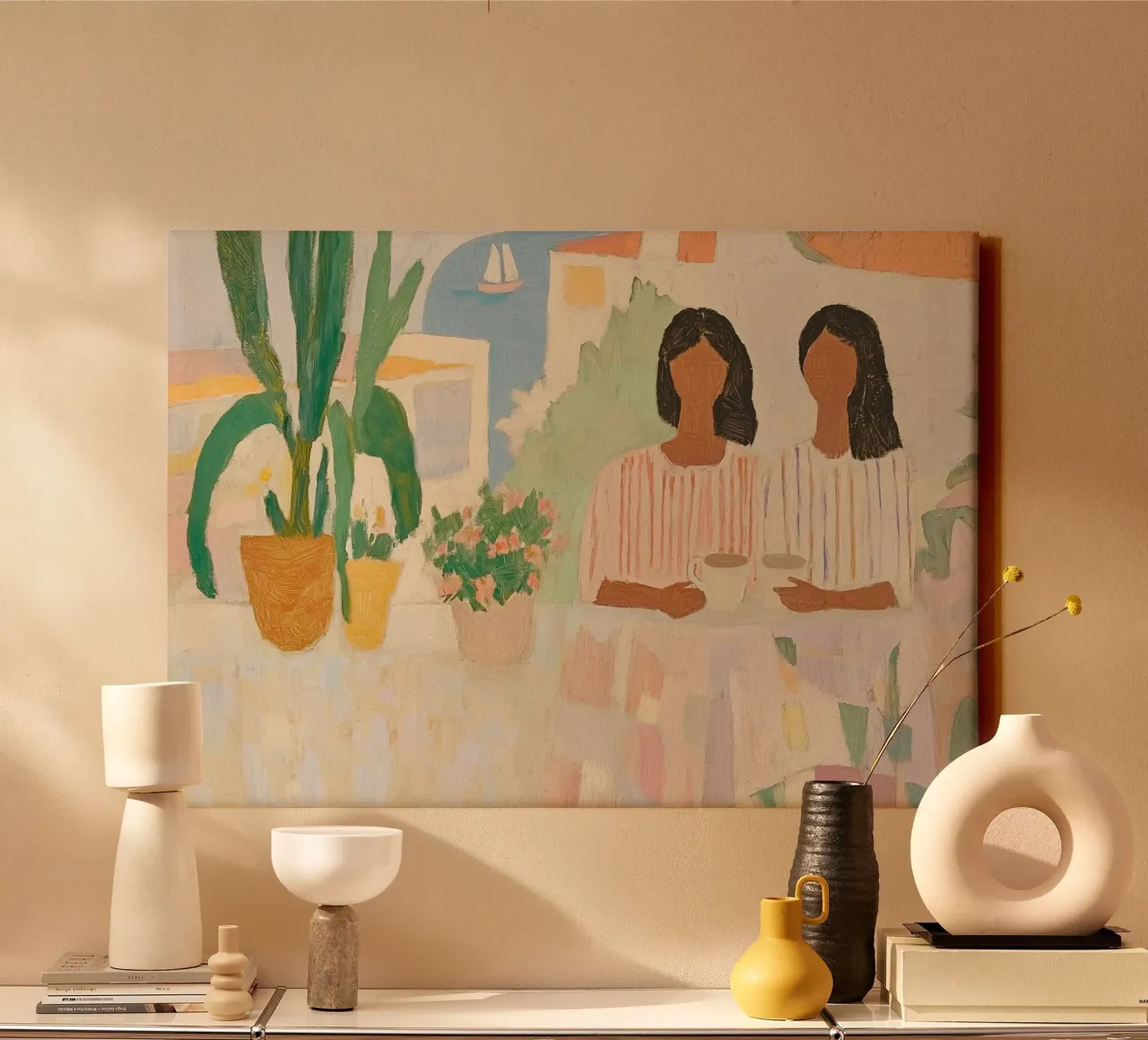 Conversazione costiera: Boho minimalista Due donne e un cactus tela da dawnthesea
