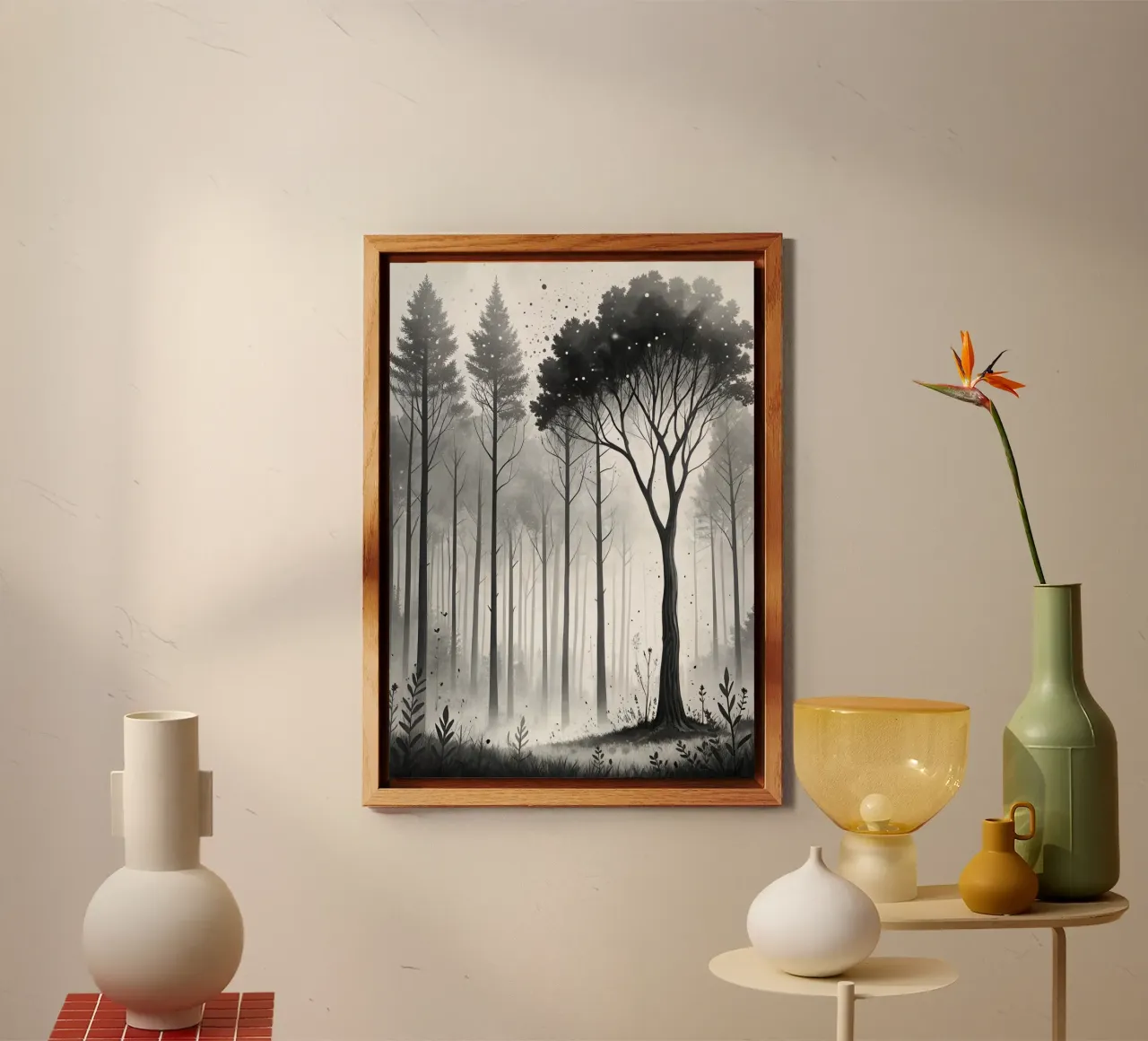 Stampa acquerello foresta monocromatica | Linea albero astratto pannello forex da Monochromatic Drips