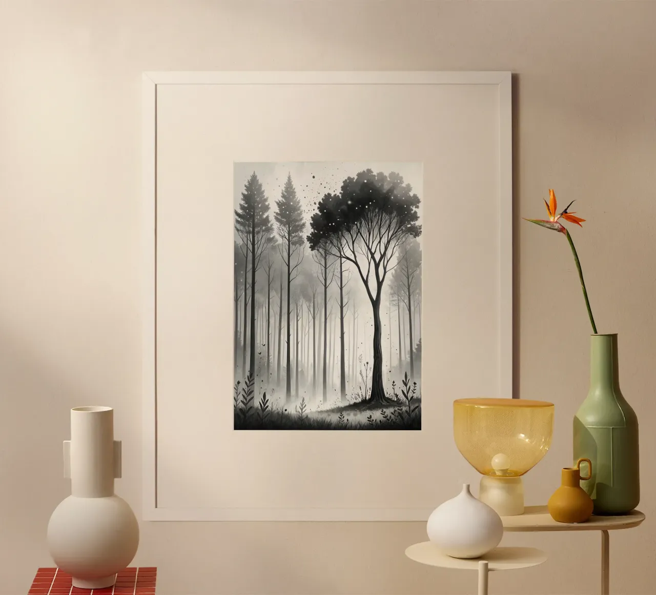 Stampa acquerello foresta monocromatica | Linea albero astratto carta hahnemühle da Monochromatic Drips
