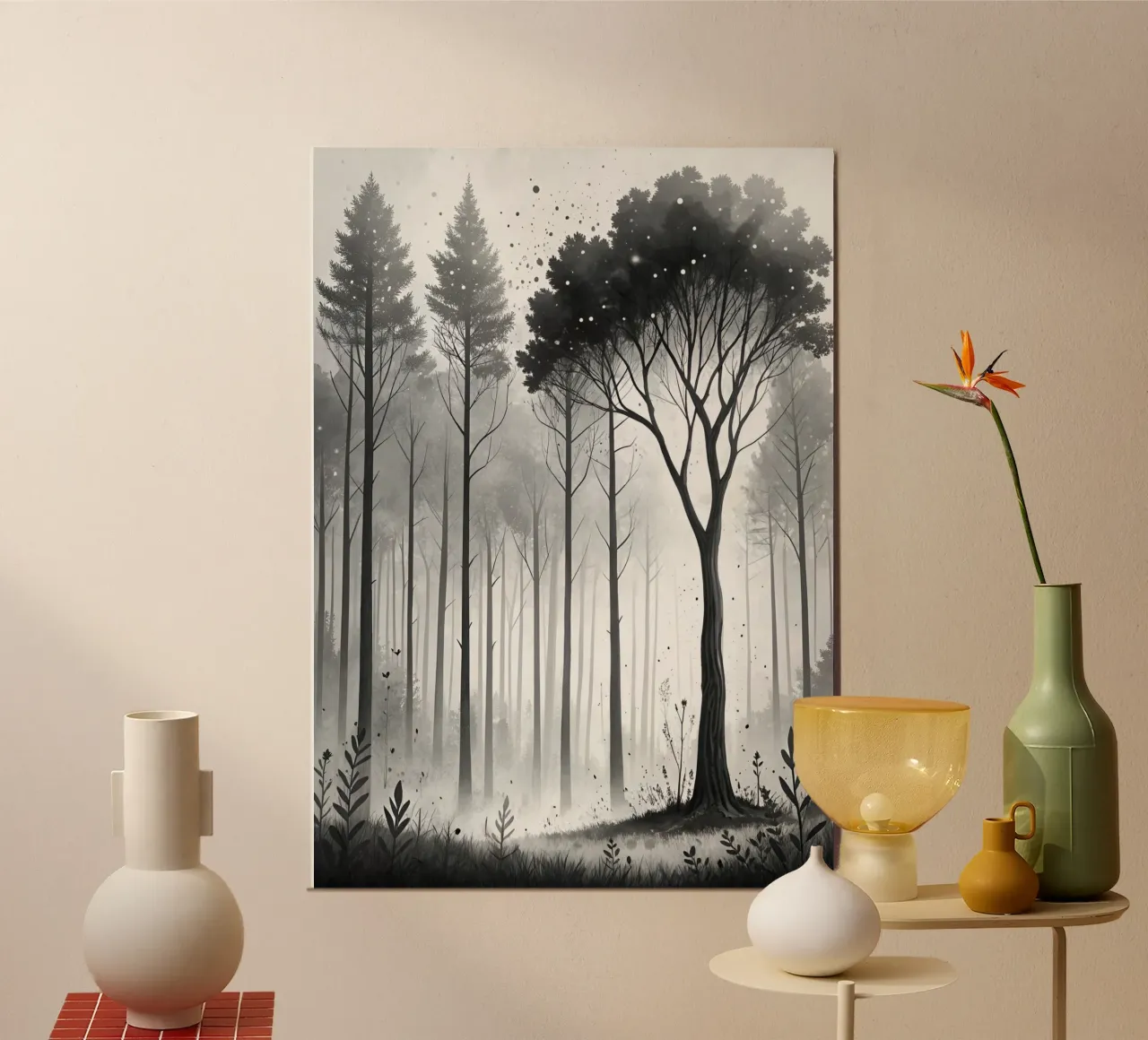 Stampa acquerello foresta monocromatica | Linea albero astratto carta hahnemühle da Monochromatic Drips