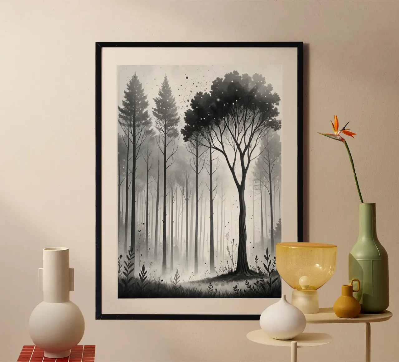 Stampa acquerello foresta monocromatica | Linea albero astratto carta hahnemühle da Monochromatic Drips