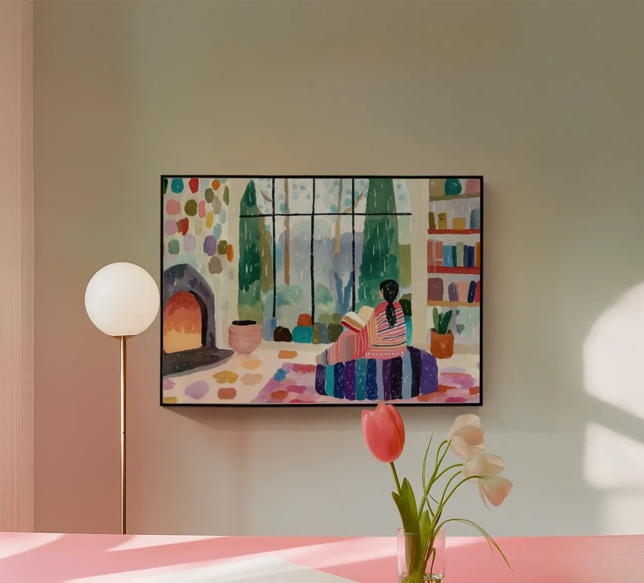 Hygge Hut Gezellig: Abstracte open haard & kleurrijke stippendecoratie acryl van dawnthesea