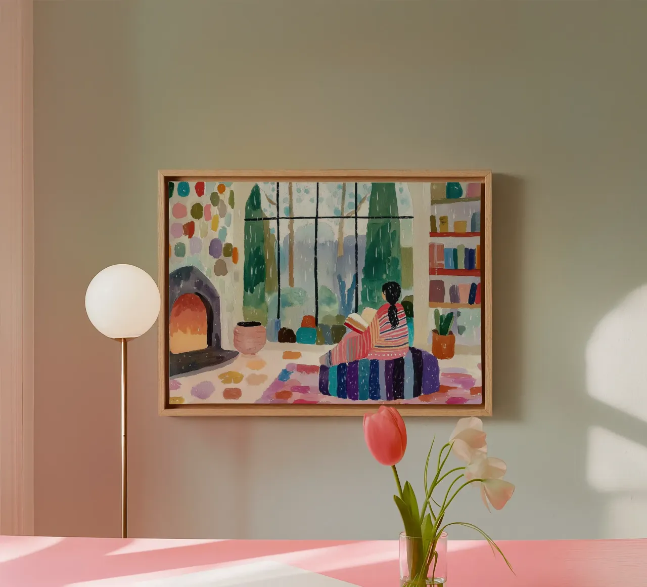 Hygge Hut Gezellig: Abstracte open haard & kleurrijke stippendecoratie canvas van dawnthesea