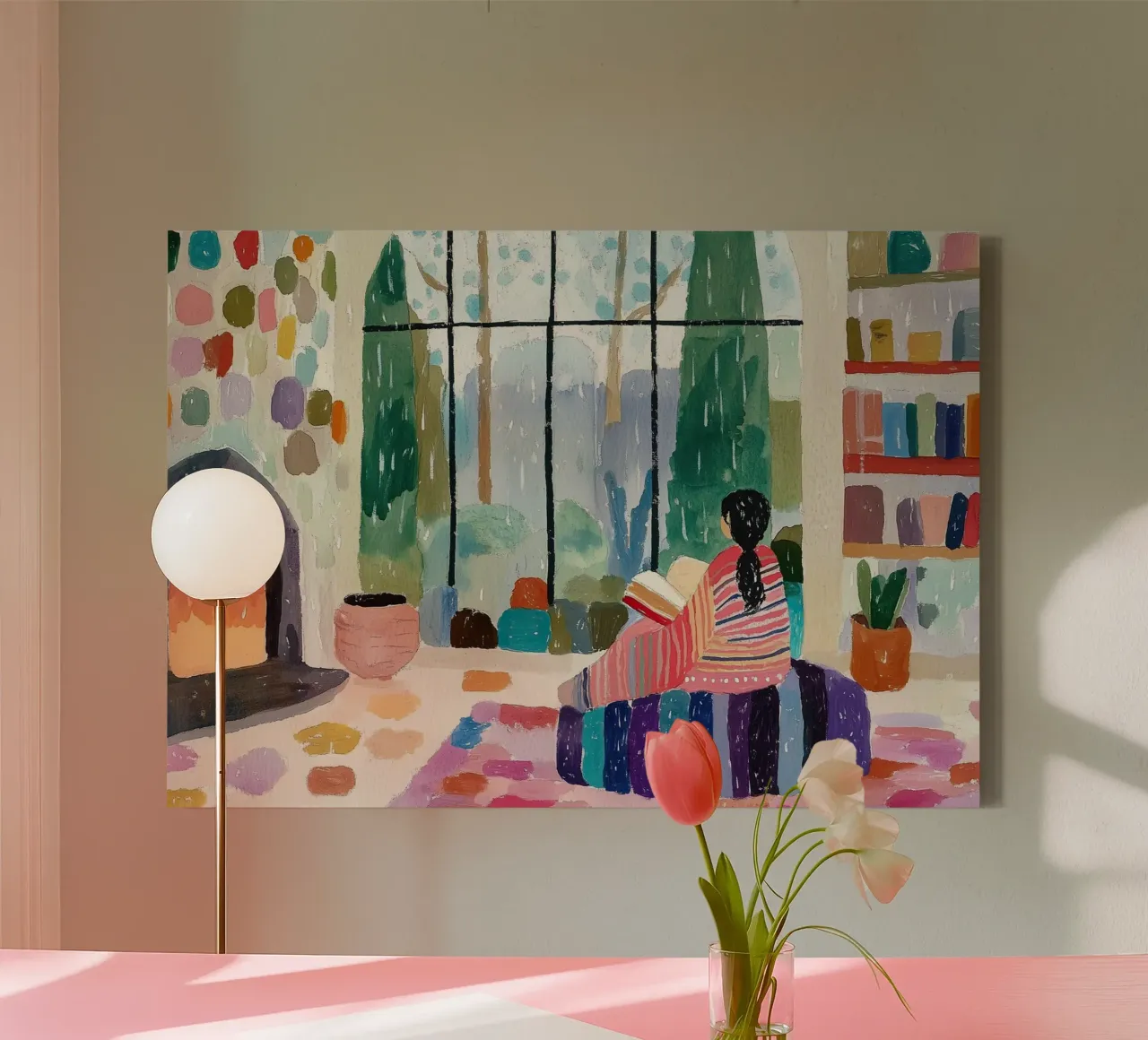 Hygge Hut Gezellig: Abstracte open haard & kleurrijke stippendecoratie canvas van dawnthesea