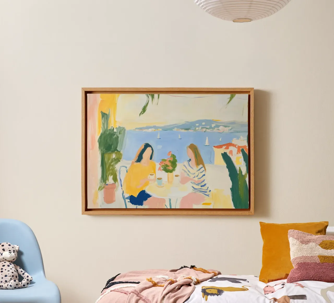 Kustcafé Meetup: Abstract Geel & Blauw Zeekust Brunch canvas van dawnthesea