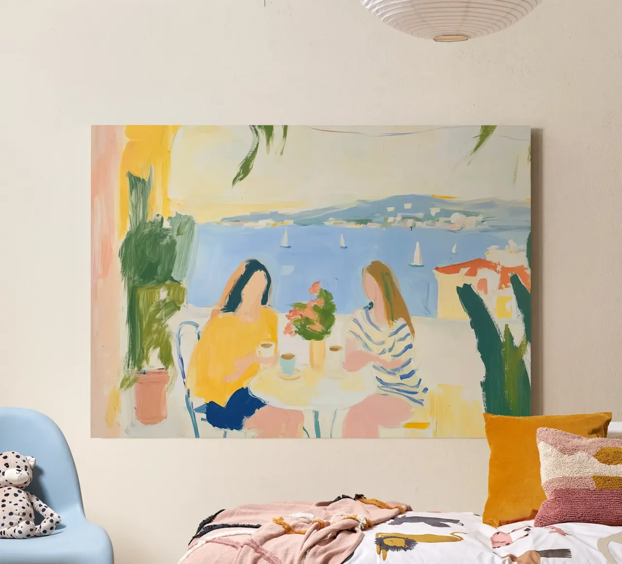 Kustcafé Meetup: Abstract Geel & Blauw Zeekust Brunch canvas van dawnthesea