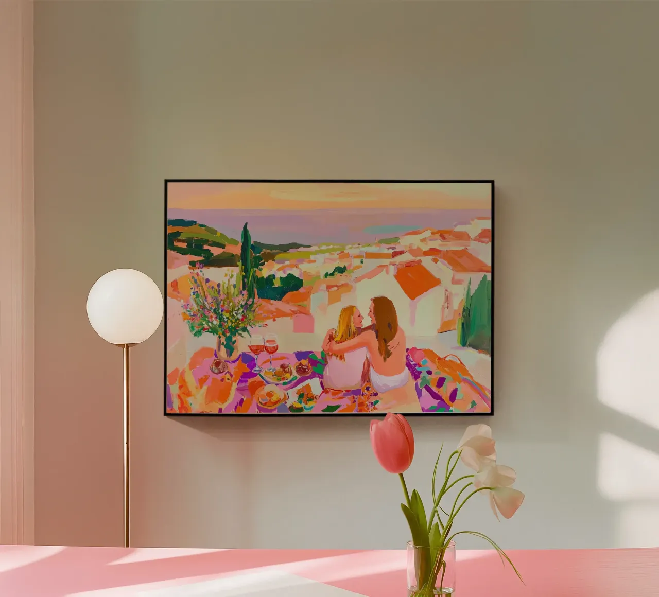 Abbraccio al tramonto: Picnic in terrazza rosa e arancione Astratto plexiglass da dawnthesea