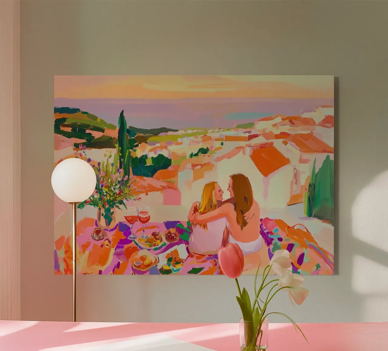 Abbraccio al tramonto: Picnic in terrazza rosa e arancione Astratto plexiglass da dawnthesea