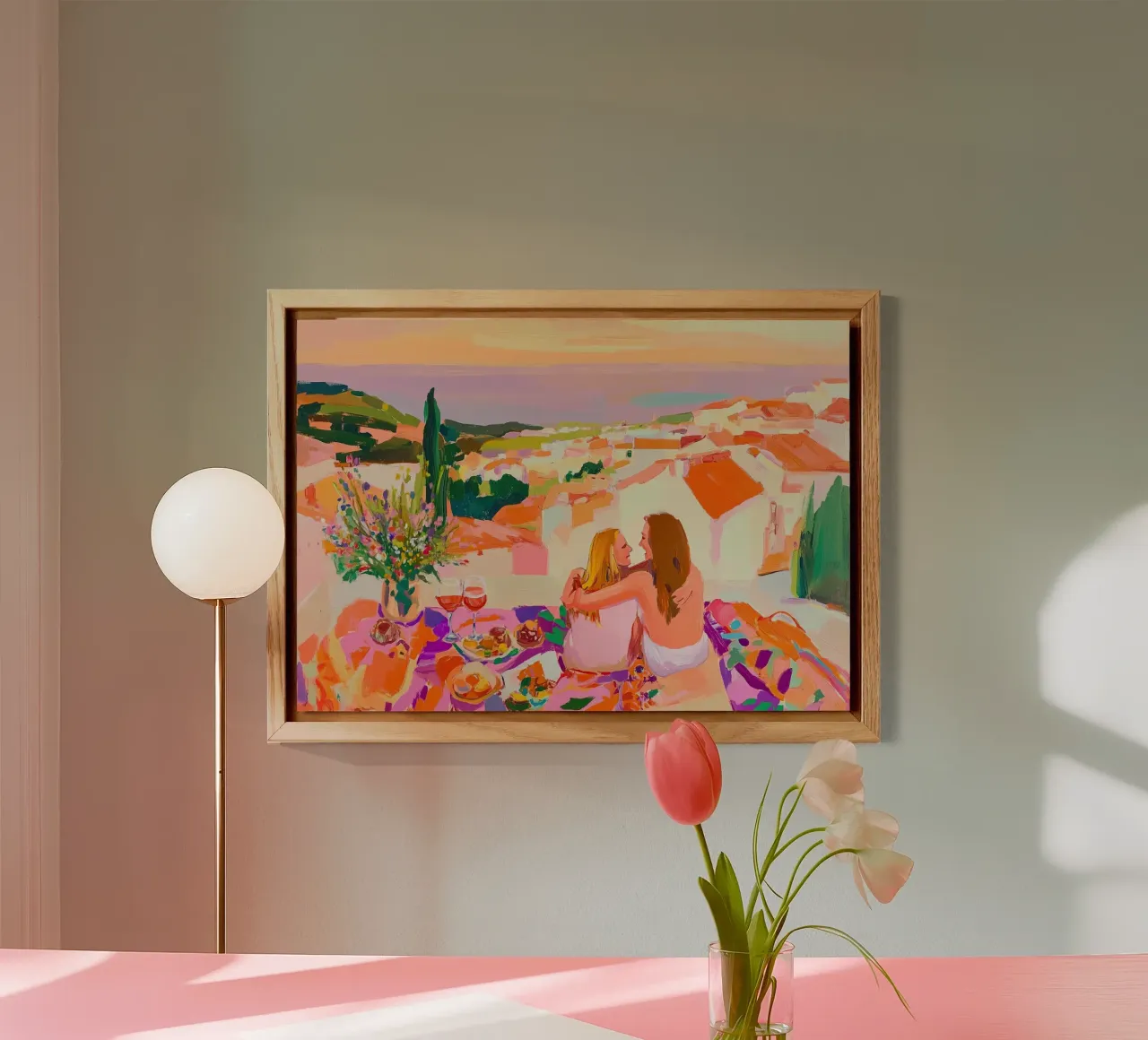 Abbraccio al tramonto: Picnic in terrazza rosa e arancione Astratto alluminio dibond da dawnthesea
