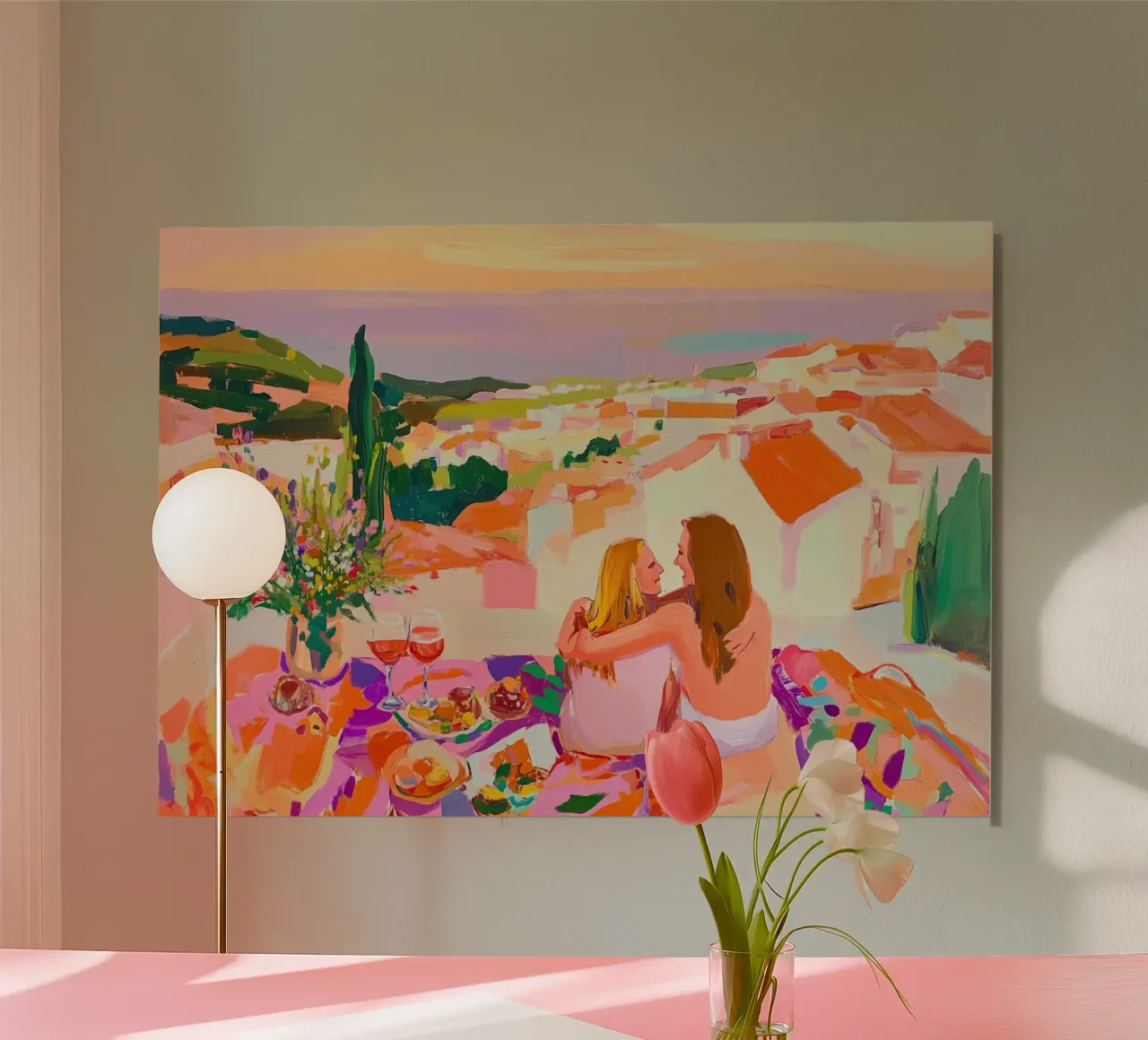 Abbraccio al tramonto: Picnic in terrazza rosa e arancione Astratto alluminio dibond da dawnthesea