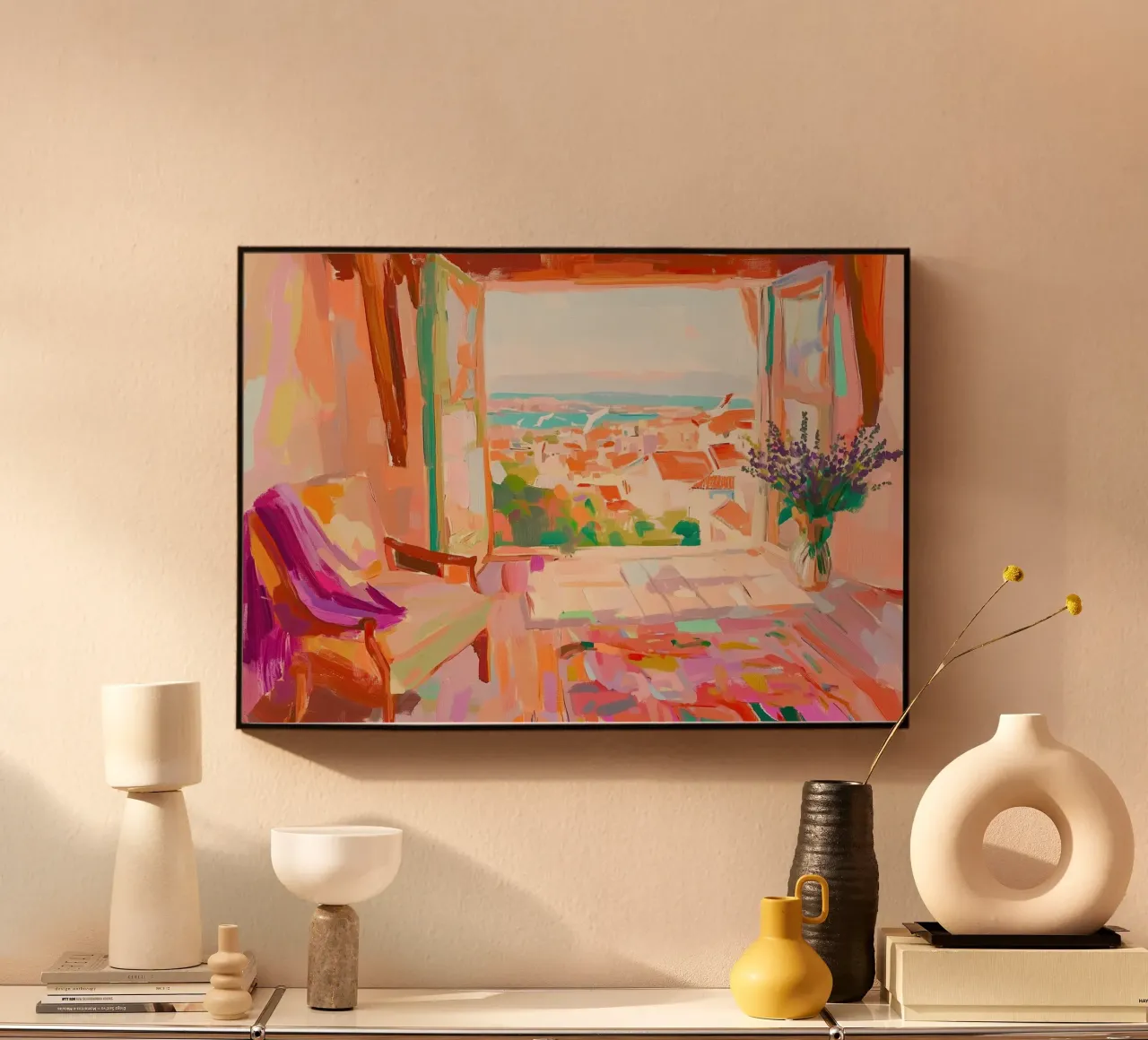Camera del tramonto in terracotta: Vista astratta e getto viola Impasto alluminio dibond da dawnthesea