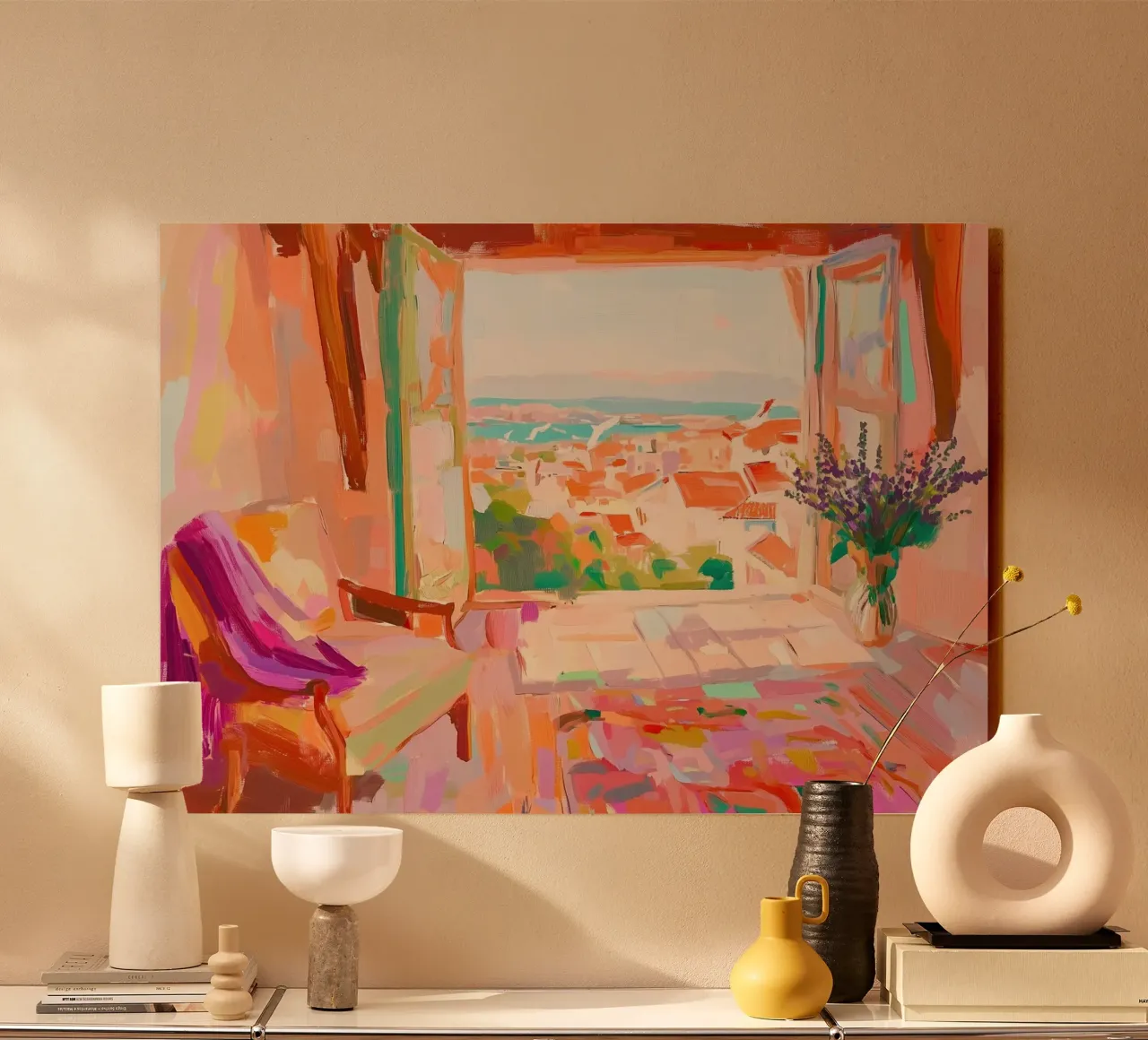 Camera del tramonto in terracotta: Vista astratta e getto viola Impasto alluminio dibond da dawnthesea