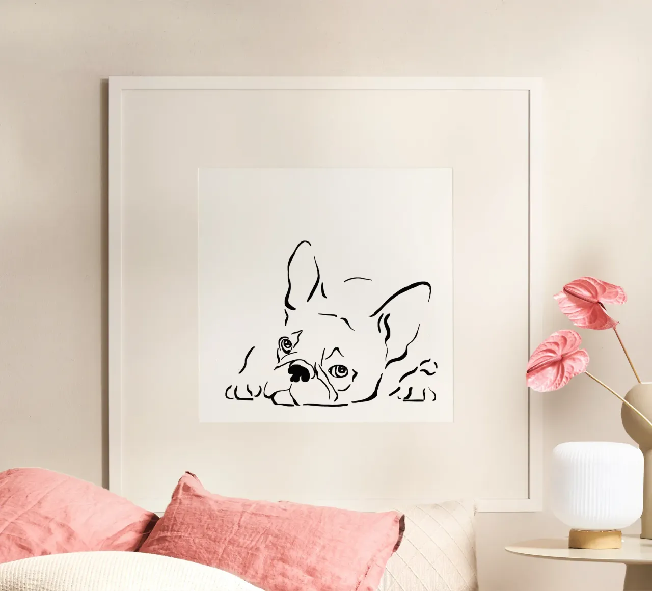 Bulldog francese cane disegno linea arte bianco nero poster con telaio in legno da Studio Patruschka