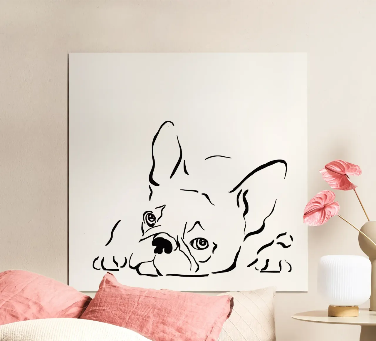 Bulldog francese cane disegno linea arte bianco nero poster con telaio in legno da Studio Patruschka